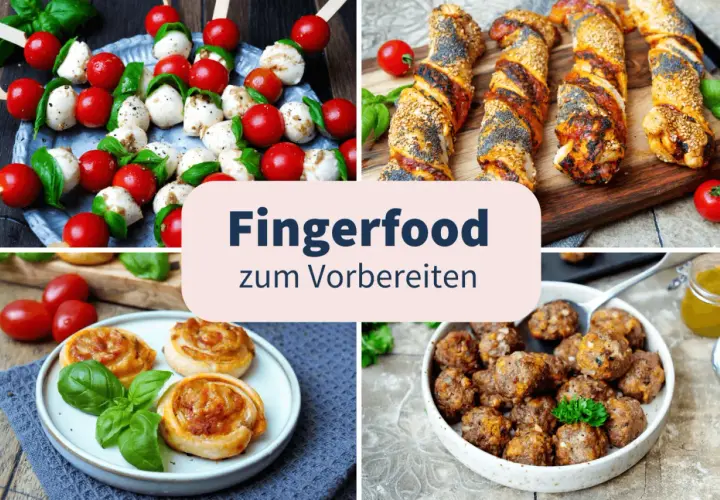 Leckeres Fingerfood zum Vorbereiten: Caprese-Spieße, herzhafte Teigschnecken, Hackbällchen und Sesam-Käse-Stangen. Perfekt für jede Party!