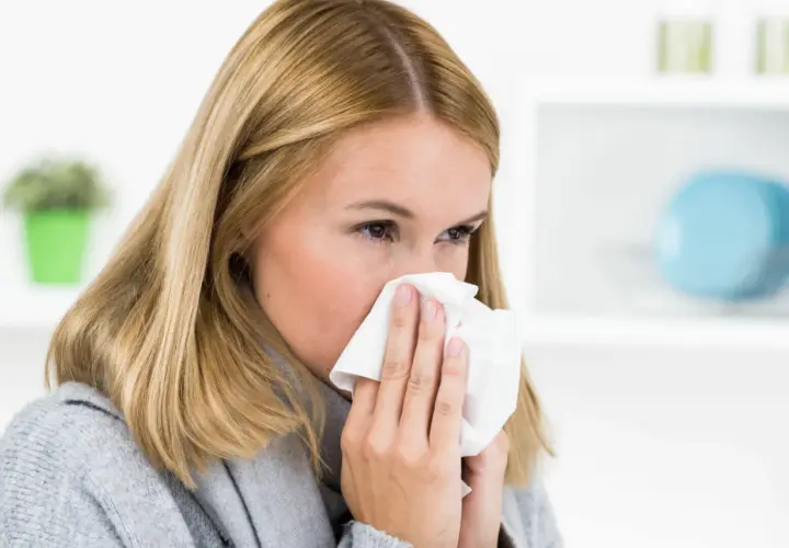 Frau mit Taschentuch vor der Nase, bereit zu niesen. Man sagt "Gesundheit!", wenn jemand niest.