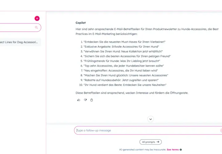 Copilot schlägt zehn ansprechende E-Mail-Betreffzeilen für Hunde-Accessoires vor. Was ist ein guter Betreff? Diese hier wecken Interesse und fördern Öffnungsraten.