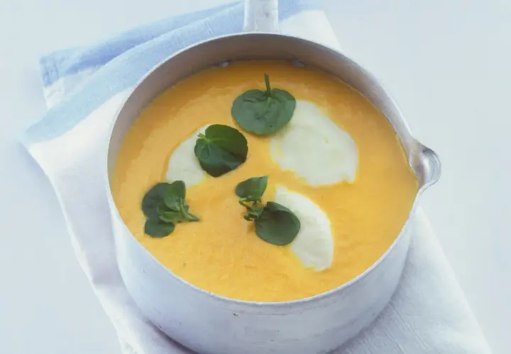 Eine cremige, orangefarbene Suppe mit Klecksen von weißer Creme und grünen Blättern, bereit zum Suppe essen.
