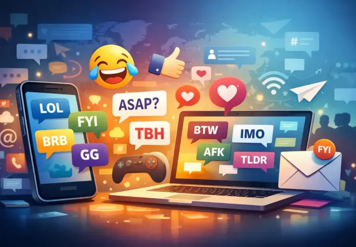 Digitale Kommunikation mit vielen Chat-Abkürzungen wie LOL, FYI, BRB, GG, ASAP, TBH, BTW, IMO, AFK, TLDR. Die Bedeutung von Chat ist Vielfalt.
