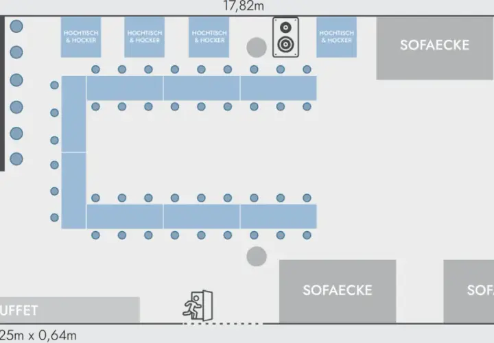 Grundriss mit Bar, Buffet, Sofaecken und einer U-förmigen Sitzordnung aus Tischen und Hockern.