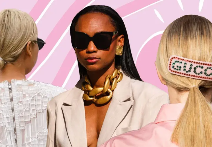 Drei Frauen mit eleganten business frisuren frauen: ein Dutt, offenes Haar mit Statement-Kette und ein Pferdeschwanz mit Gucci-Haarspange.