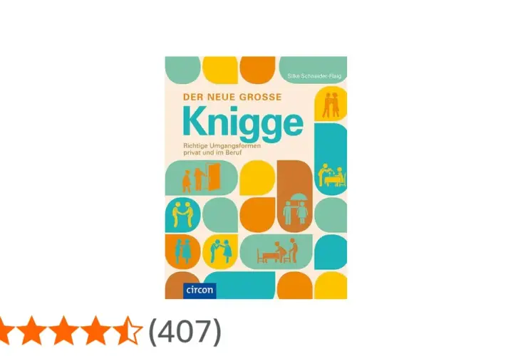 Buchcover "Der neue große Knigge" mit Illustrationen zu Umgangsformen. Ein Knigge-Test hilft, Benimmregeln zu lernen.