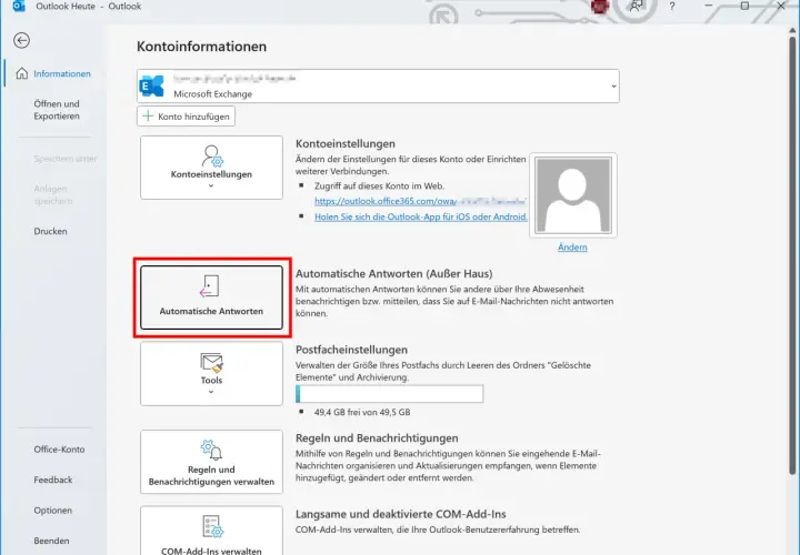 Outlook-Einstellungen: Automatische Antworten (Außer Haus) einrichten für eine e-mail signatur vertretung.
