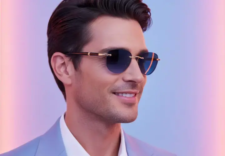 Ein Mann mit stilvoller Sonnenbrille, die den aktuellen Herren-Trend widerspiegelt, lächelt vor einem farbigen Neonlicht.