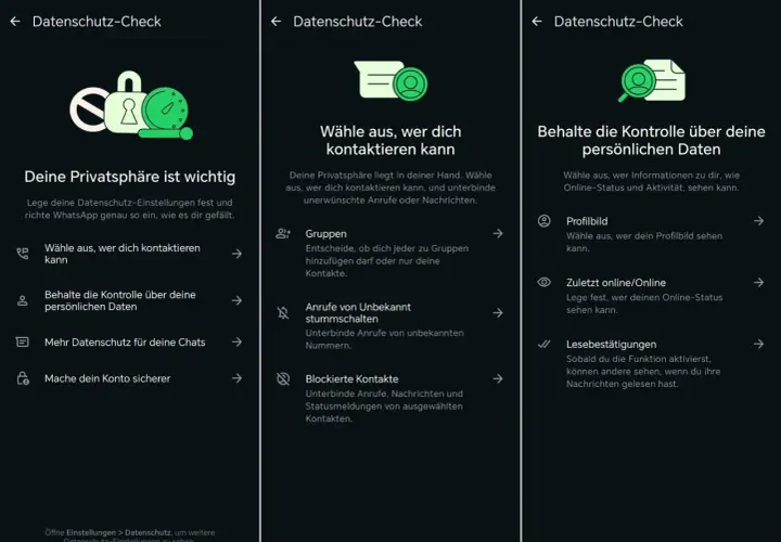 WhatsApp-Status Einstellungen: Übersicht über Datenschutz-Check. Wähle, wer dich kontaktieren kann, verwalte Gruppen, blockiere Kontakte und steuere dein Profilbild.