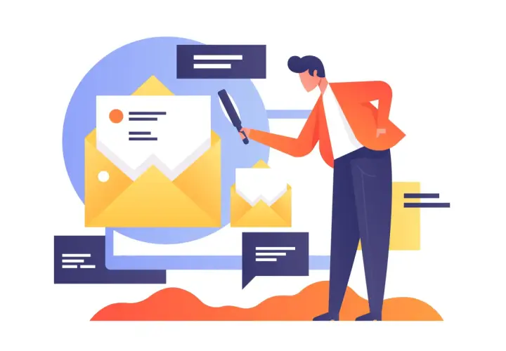 Mann mit Lupe prüft E-Mails. Effizientes E-Mail-Management für Übersicht.