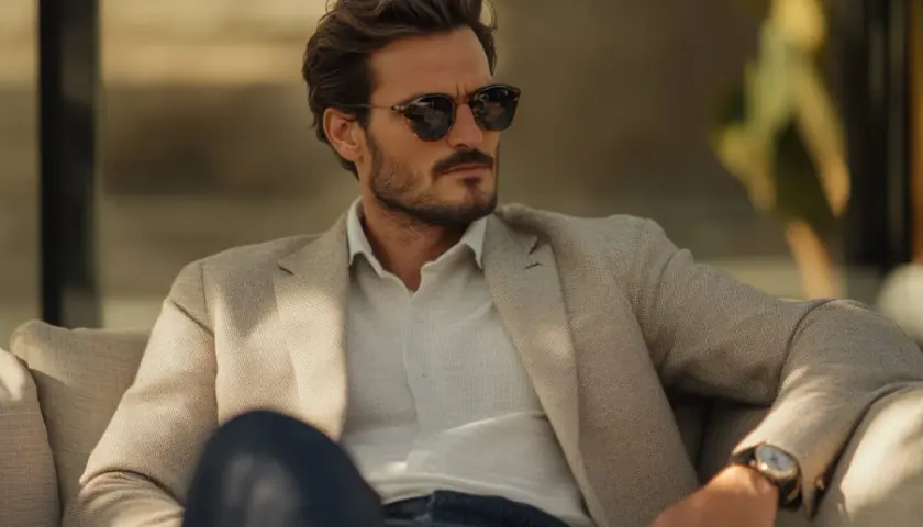 Ein Mann im preppy look: helles Sakko, weißes Hemd, Sonnenbrille und Jeans.