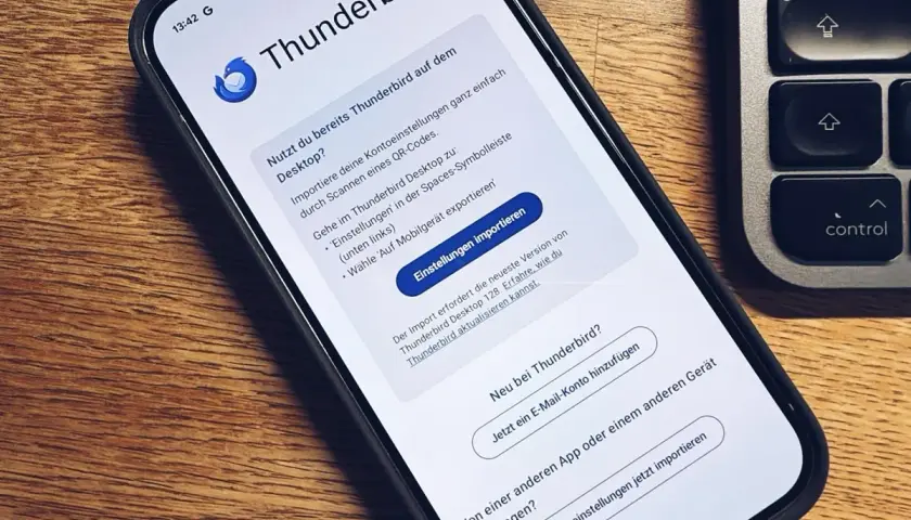 Thunderbird-App auf dem Handy zeigt Optionen zur Kontoeinrichtung. So kannst du einfach eine E-Mail vom Handy senden.
