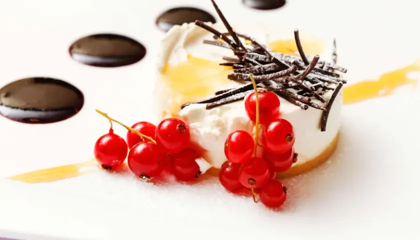 Köstliche Dessert Deko Ideen: Ein cremiges Törtchen mit roten Johannisbeeren, Schokostäbchen und Zuckerguss auf weißem Teller.