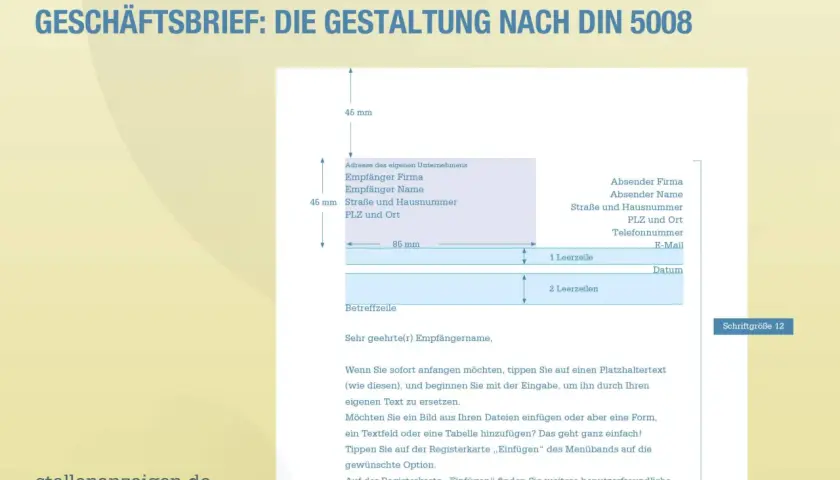 Gestaltung eines Geschäftsbriefs nach DIN 5008: Adressfelder für Absender und Empfänger, Betreff und Datum sind klar strukturiert.