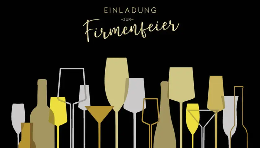 Einladung zur Firmenfeier mit stilisierten Flaschen und Gläsern in Gold-, Grau- und Beigetönen auf schwarzem Hintergrund.