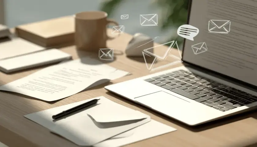 Schreibtisch mit Laptop, Dokumenten und Briefumschlägen. E-Mail-Symbole schweben über dem Bildschirm, was auf digitale Korrespondenz und die Anrede eines Briefes hindeutet.