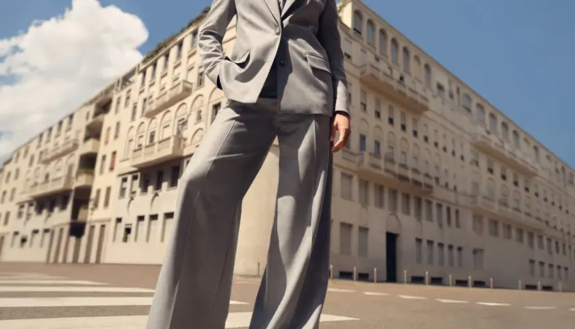 Eleganter grauer Anzug mit weiten Hosen und Sneakern, steht auf einem Zebrastreifen vor einem Gebäude.