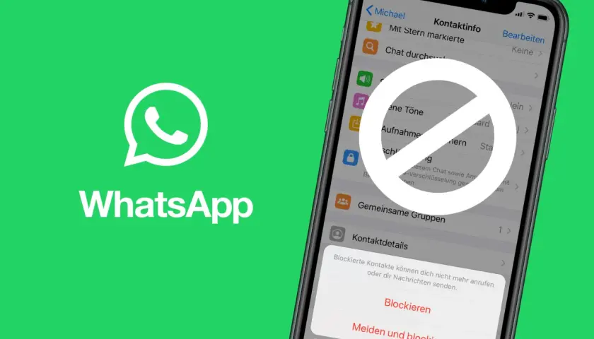 WhatsApp-Symbol und ein Smartphone, das zeigt, wie man blockierte Kontakte in den Einstellungen verwaltet.