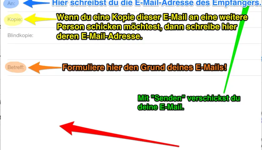 So versendest du eine E-Mail: Empfängeradresse, Betreff und Nachricht eintragen, dann auf "Senden" tippen.