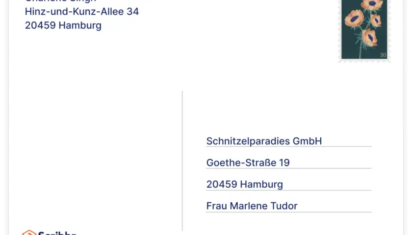 Brief mit Adressfeld für Charlene Singh und Schnitzelparadies GmbH. Briefumschlag bereit zum brief unterschreiben.