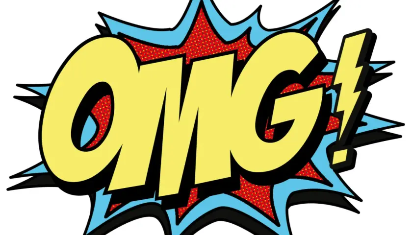 Gelbe Comic-Buch-Buchstaben "OMG!" mit Blitz, was bedeutet "Oh mein Gott!".