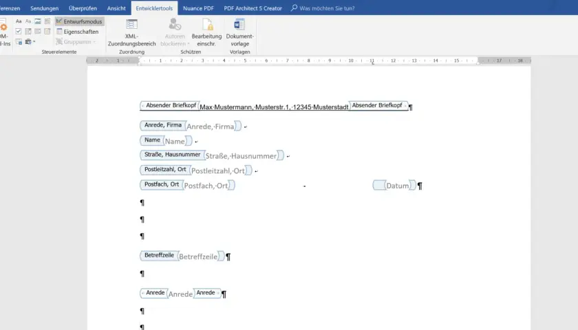 Word-Dokument mit einer din brief vorlage, die Felder für Absender, Empfänger und Betreff enthält.