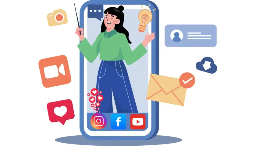 Eine Frau erklärt auf einem Smartphone die Bedeutung von Netiquette. Icons für Social Media, Kamera, Video und E-Mail umgeben sie.