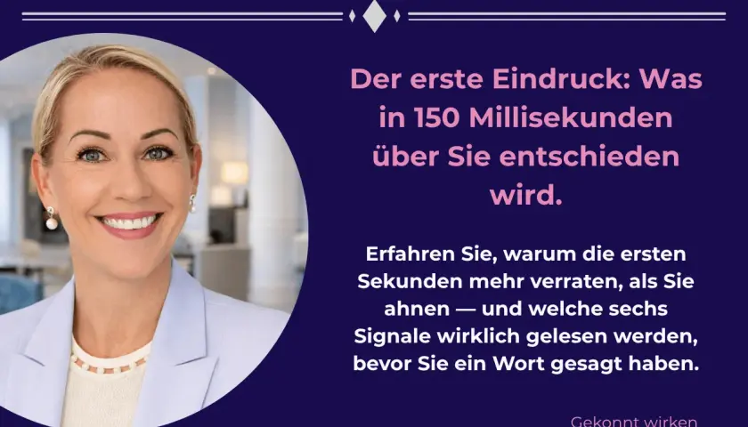 Eine lächelnde Frau, die sich professionell vorstellen möchte. Der Text thematisiert den ersten Eindruck und wie man ihn positiv gestaltet.