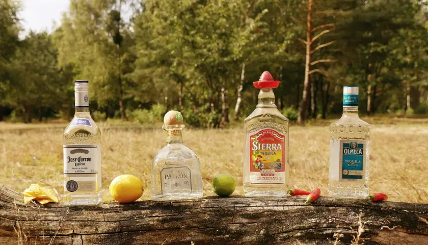 Vier Flaschen Tequila (Jose Cuervo, Patron, Sierra, Olmeca) mit Limetten, Chilis und Chips auf einem Baumstamm. So lässt sich Tequila richtig trinken.