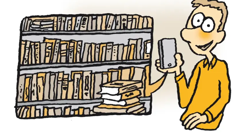 Mann mit Smartphone vor Bücherregal, das eine digitale Ablage symbolisiert.