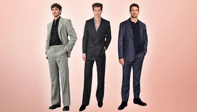 Drei Männer im Anzug, die den dresscode smart verkörpern: einer in Grau, einer im Nadelstreifen-Look, einer in Dunkelblau.