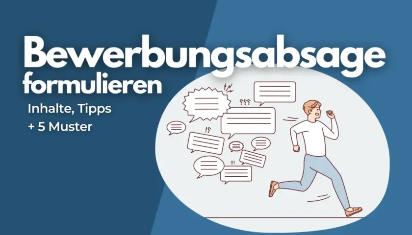 Bewerbungsabsage formulieren: Tipps und Muster für eine professionelle Absage. Ein Mann rennt, umgeben von Sprechblasen, die Unsicherheit und Fragen darstellen.