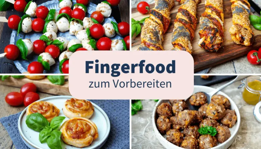 Leckeres Fingerfood zum Vorbereiten: Caprese-Spieße, herzhafte Teigschnecken, Hackbällchen und Sesam-Käse-Stangen. Perfekt für jede Party!