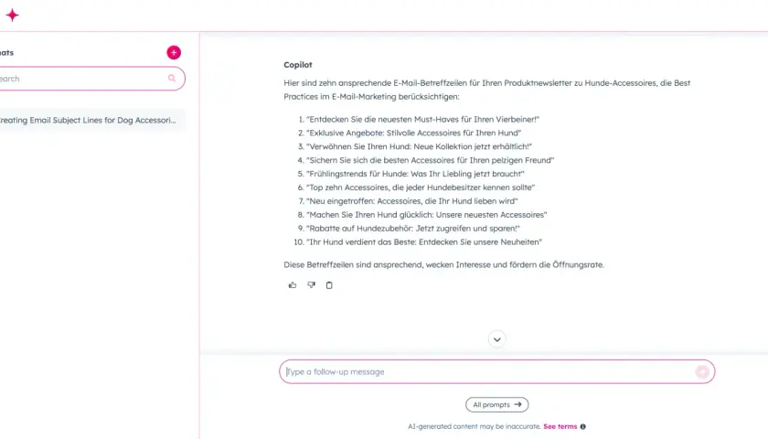 Copilot schlägt zehn ansprechende E-Mail-Betreffzeilen für Hunde-Accessoires vor. Was ist ein guter Betreff? Diese hier wecken Interesse und fördern Öffnungsraten.