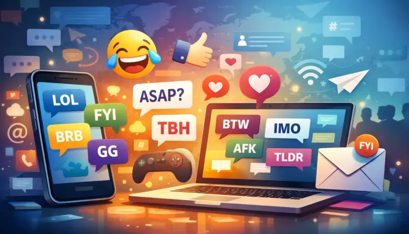 Digitale Kommunikation mit vielen Chat-Abkürzungen wie LOL, FYI, BRB, GG, ASAP, TBH, BTW, IMO, AFK, TLDR. Die Bedeutung von Chat ist Vielfalt.