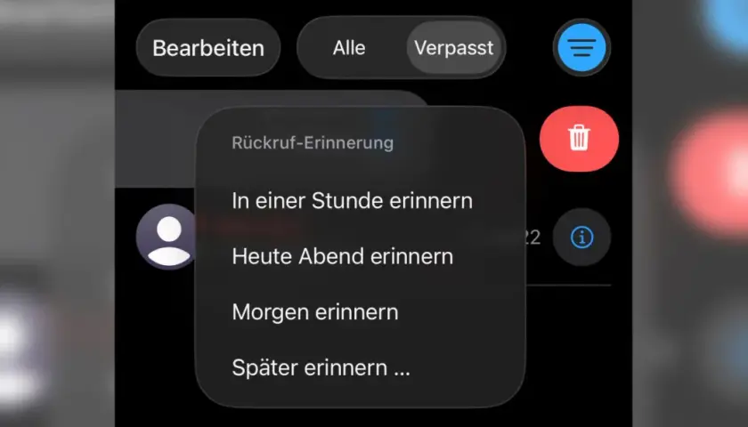 Menü für verpasste Anrufe: Rückruf-Erinnerung in einer Stunde, heute Abend, morgen oder später.