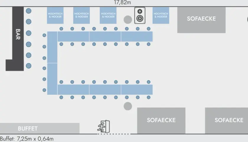 Grundriss mit Bar, Buffet, Sofaecken und einer U-förmigen Sitzordnung aus Tischen und Hockern.