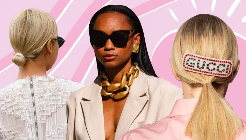 Drei Frauen mit eleganten business frisuren frauen: ein Dutt, offenes Haar mit Statement-Kette und ein Pferdeschwanz mit Gucci-Haarspange.