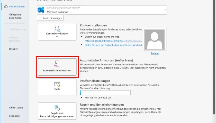 Outlook-Einstellungen: Automatische Antworten (Außer Haus) einrichten für eine e-mail signatur vertretung.