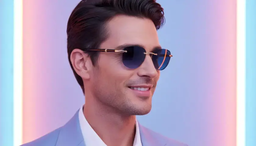 Ein Mann mit stilvoller Sonnenbrille, die den aktuellen Herren-Trend widerspiegelt, lächelt vor einem farbigen Neonlicht.
