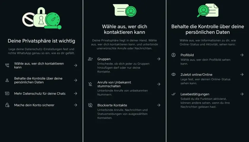 WhatsApp-Status Einstellungen: Übersicht über Datenschutz-Check. Wähle, wer dich kontaktieren kann, verwalte Gruppen, blockiere Kontakte und steuere dein Profilbild.