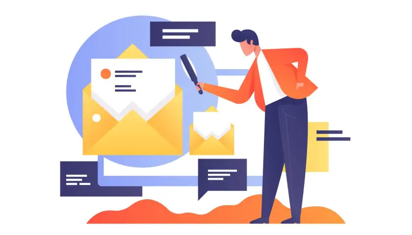 Mann mit Lupe prüft E-Mails. Effizientes E-Mail-Management für Übersicht.