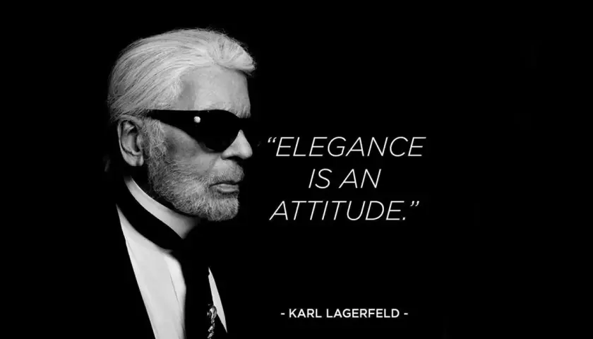 Karl Lagerfeld, mit Sonnenbrille und Bart, verkörpert Eleganz. Seine zitate wie "Elegance is an attitude" inspirieren.