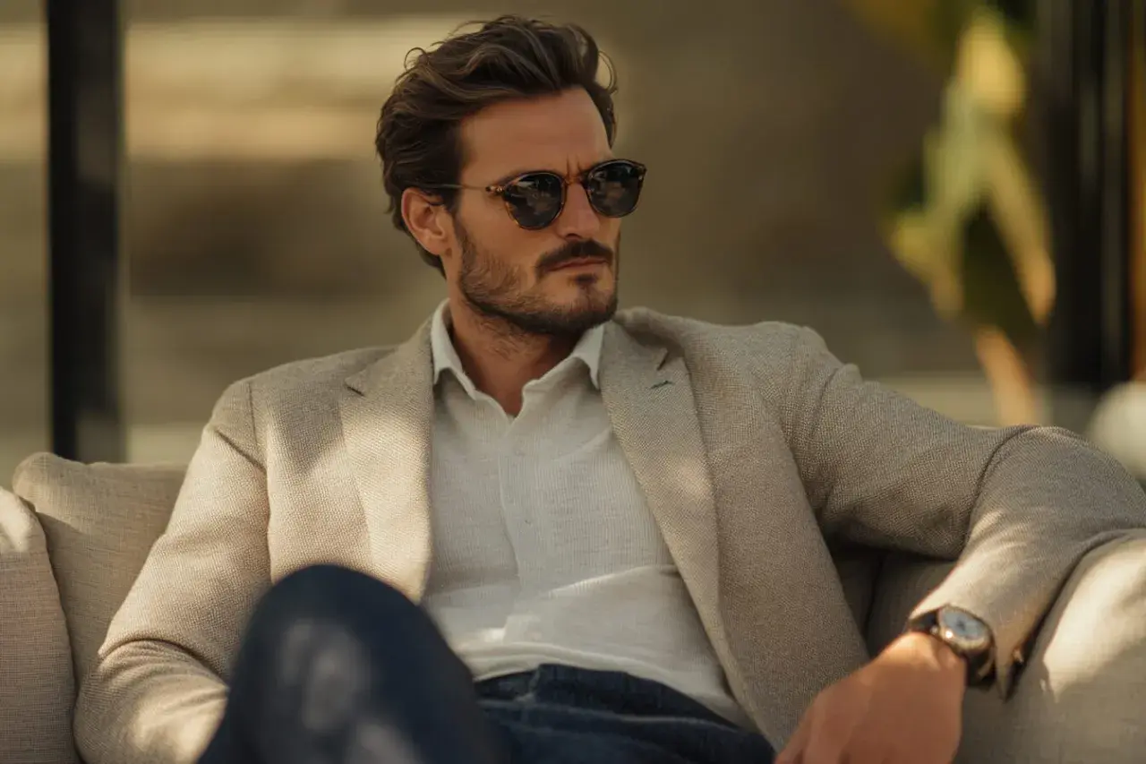 Ein Mann im preppy look: helles Sakko, weißes Hemd, Sonnenbrille und Jeans.