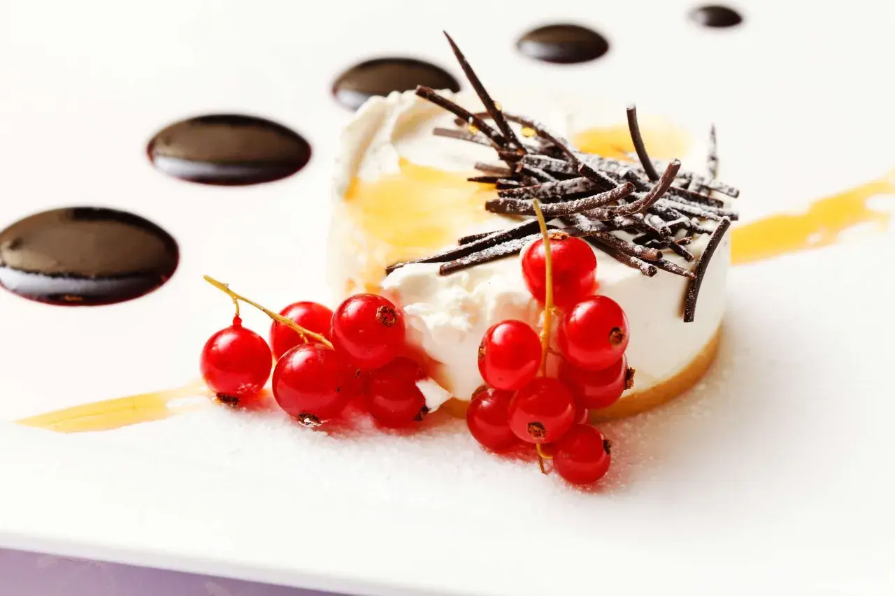 Köstliche Dessert Deko Ideen: Ein cremiges Törtchen mit roten Johannisbeeren, Schokostäbchen und Zuckerguss auf weißem Teller.