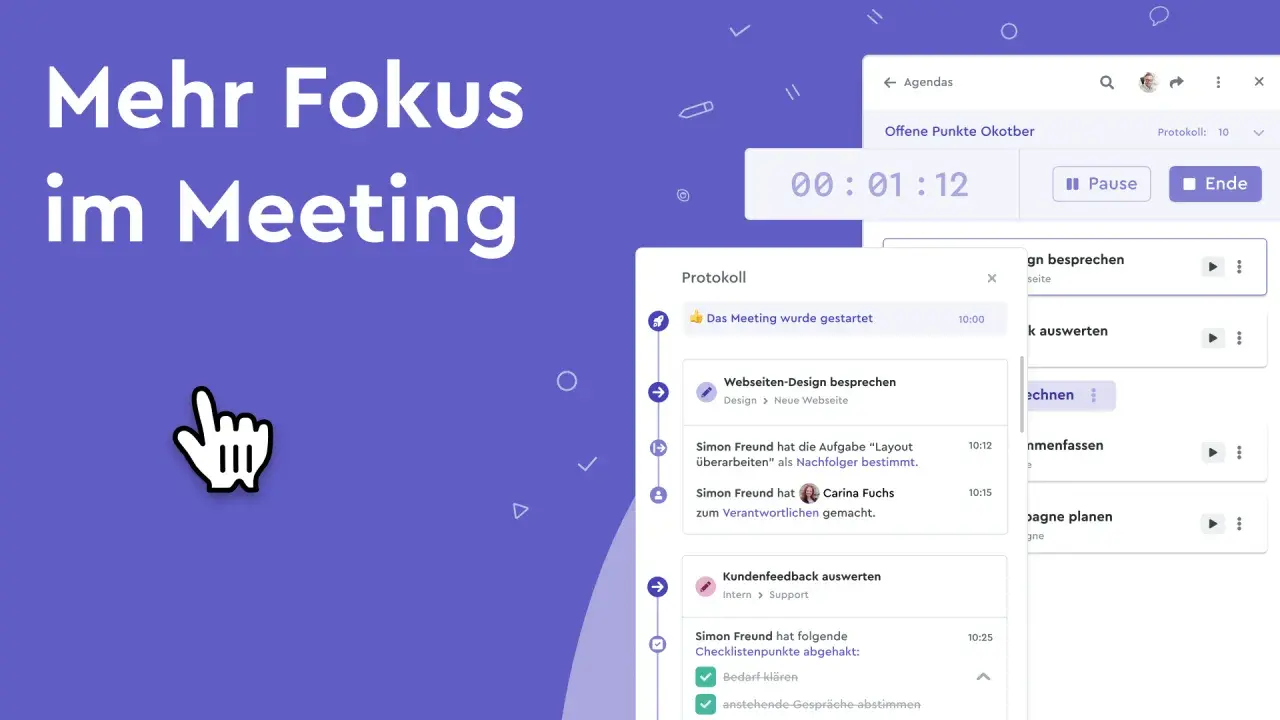 Ein Protokoll zeigt den Ablauf eines Meetings mit Zeitstempeln, besprochenen Themen und zugewiesenen Aufgaben.