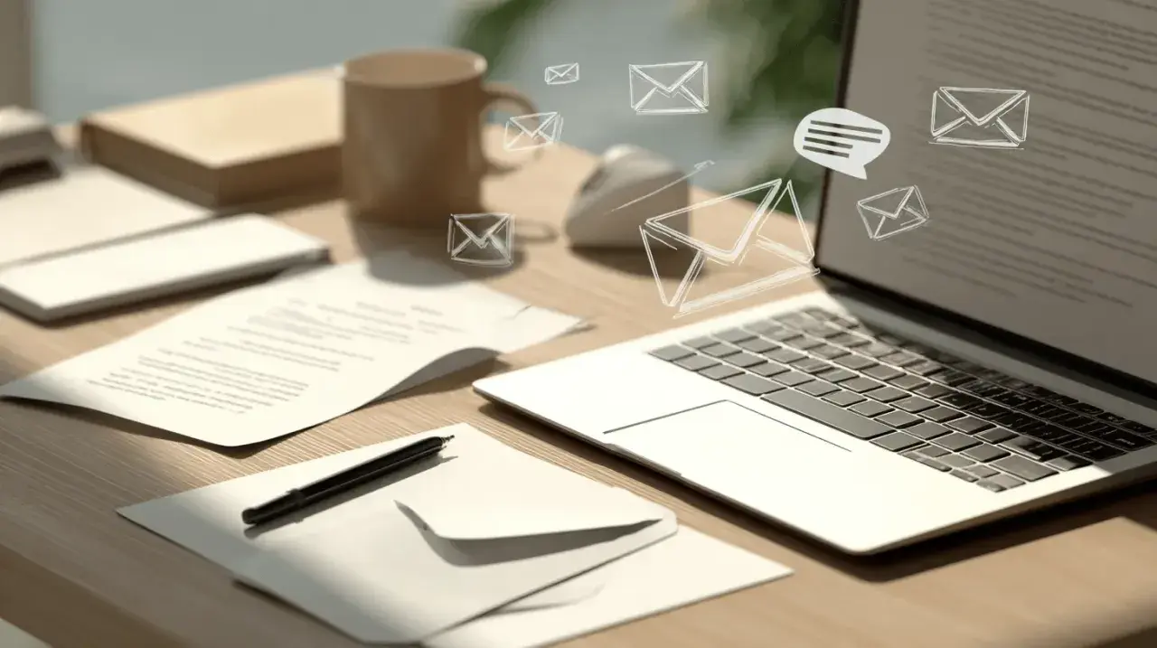 Schreibtisch mit Laptop, Dokumenten und Briefumschlägen. E-Mail-Symbole schweben über dem Bildschirm, was auf digitale Korrespondenz und die Anrede eines Briefes hindeutet.