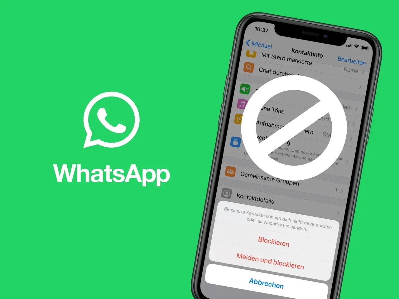 WhatsApp-Symbol und ein Smartphone, das zeigt, wie man blockierte Kontakte in den Einstellungen verwaltet.