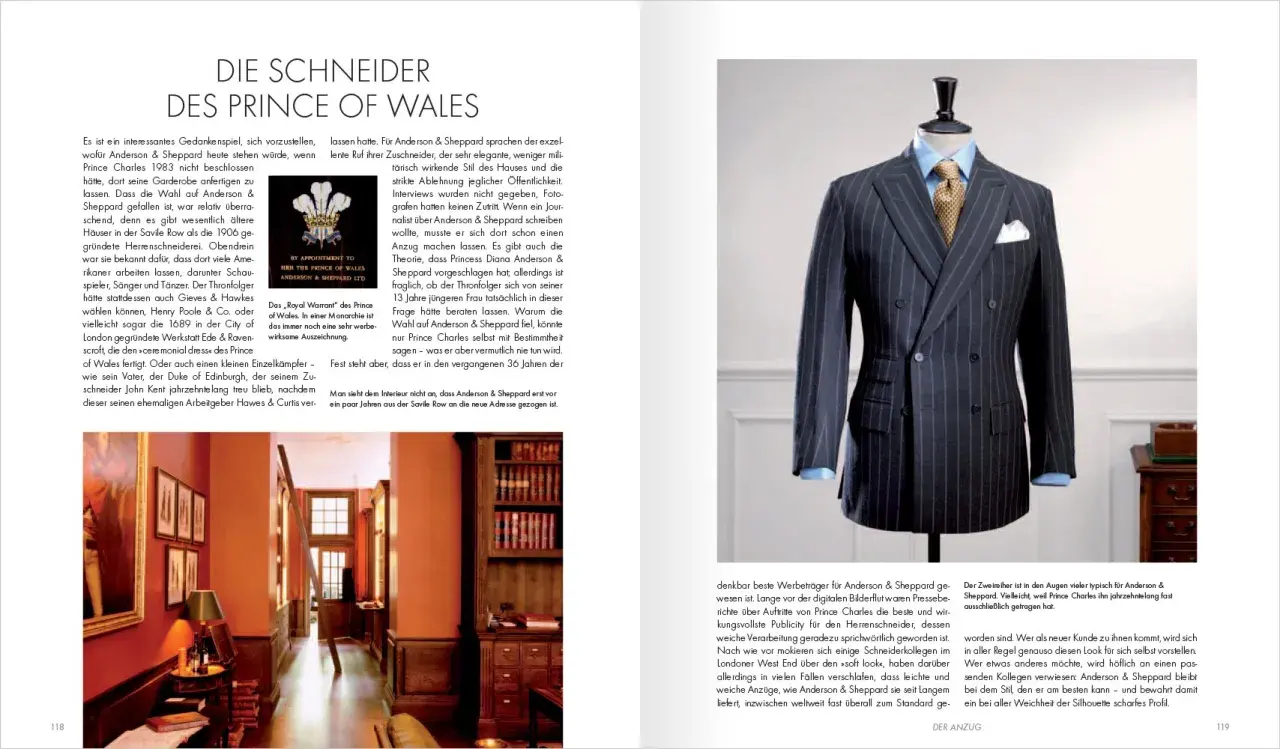 Ein dunkelblauer Nadelstreifenanzug von Anderson & Sheppard, wie ihn Bernhard Roetzel für den Prince of Wales entwarf.