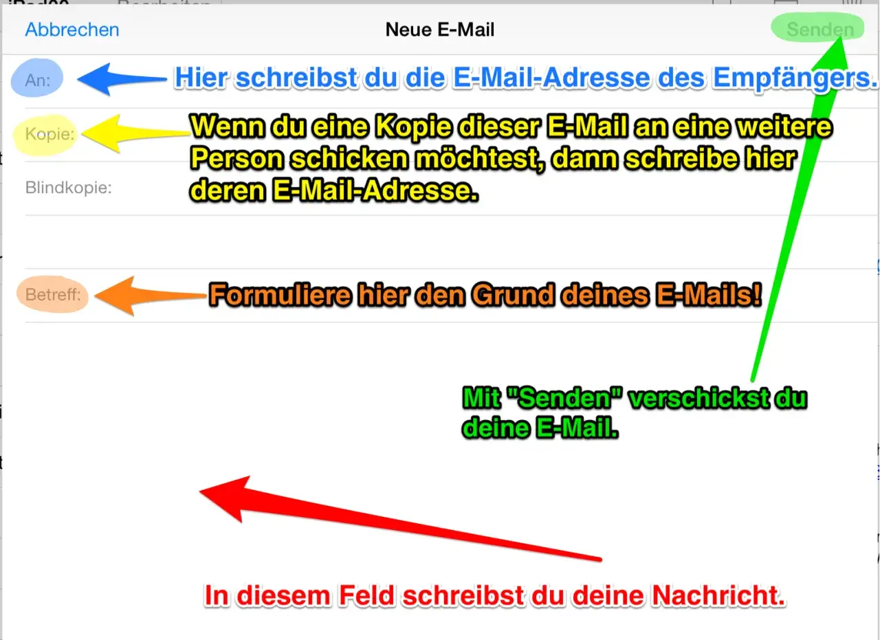 So versendest du eine E-Mail: Empfängeradresse, Betreff und Nachricht eintragen, dann auf "Senden" tippen.