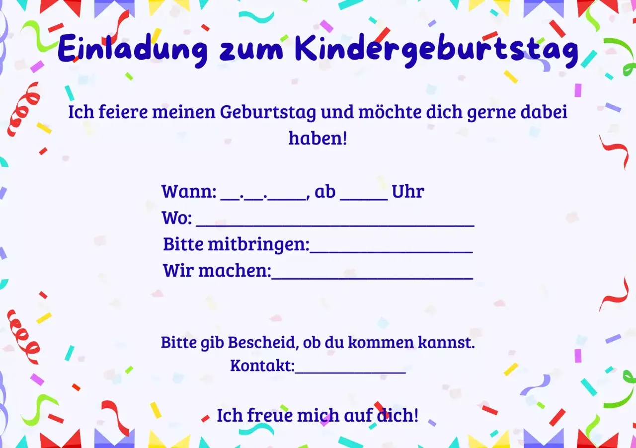 Einladung zum Kindergeburtstag mit Feldern zum Ausfüllen. Perfekt zum Einladungen schreiben für die nächste Party!