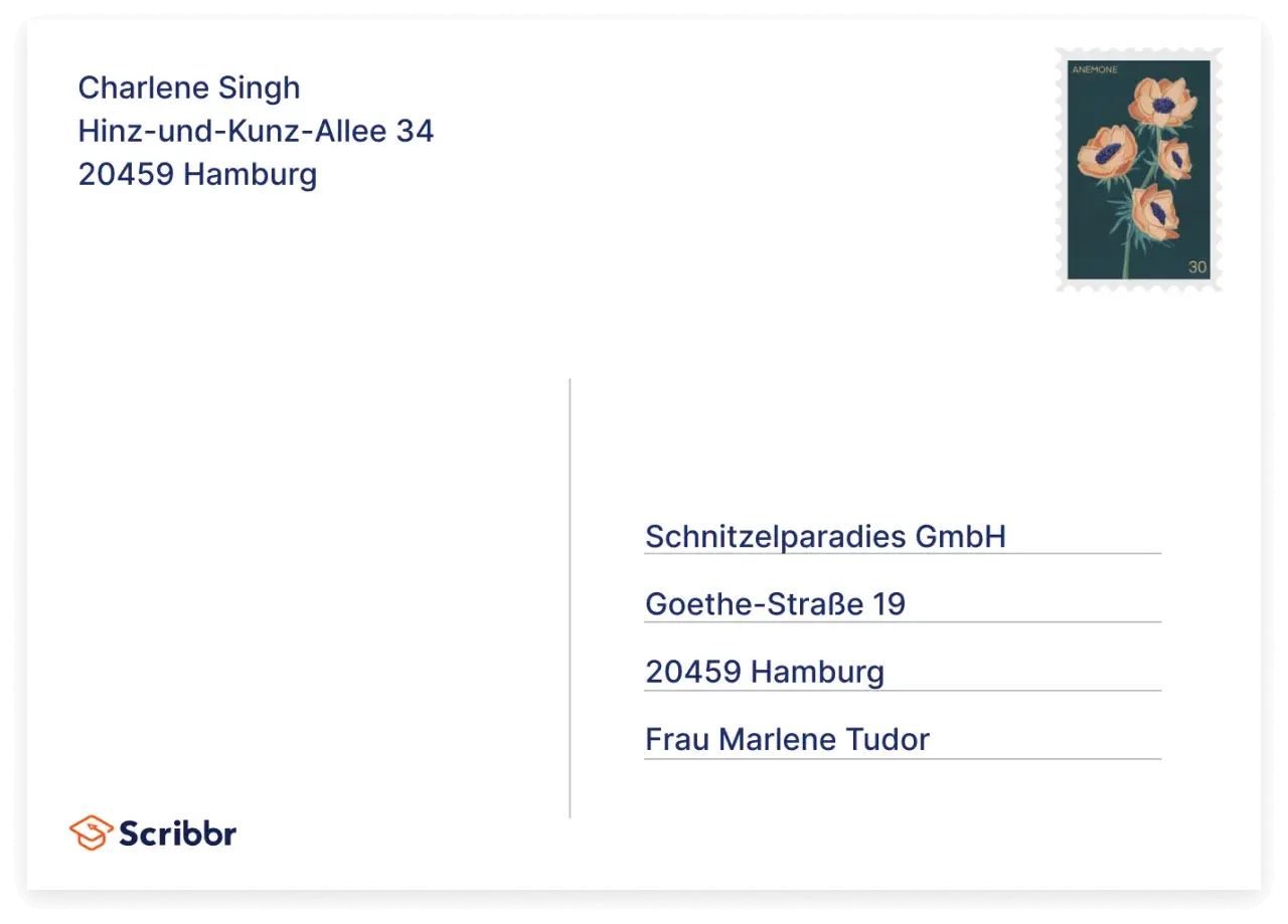 Brief mit Adressfeld für Charlene Singh und Schnitzelparadies GmbH. Briefumschlag bereit zum brief unterschreiben.